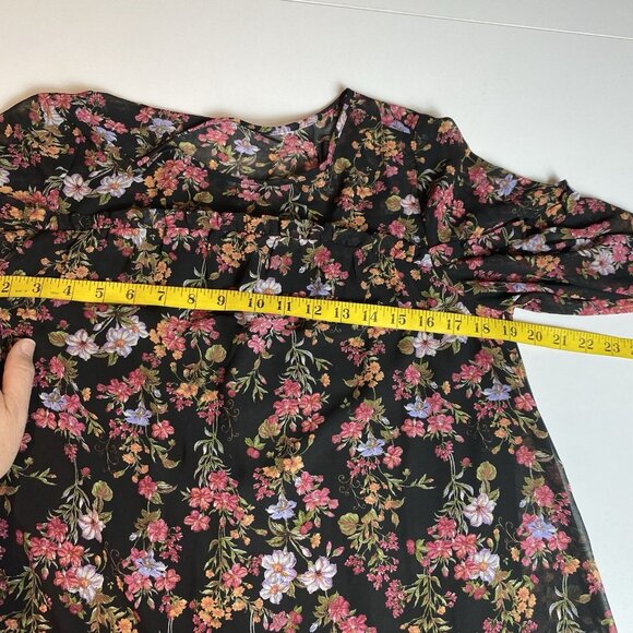 Womens Black Floral Shift Dress Sheer Neckline Sleeves Boho Whimsigoth Sz M - Picture 7 of 10